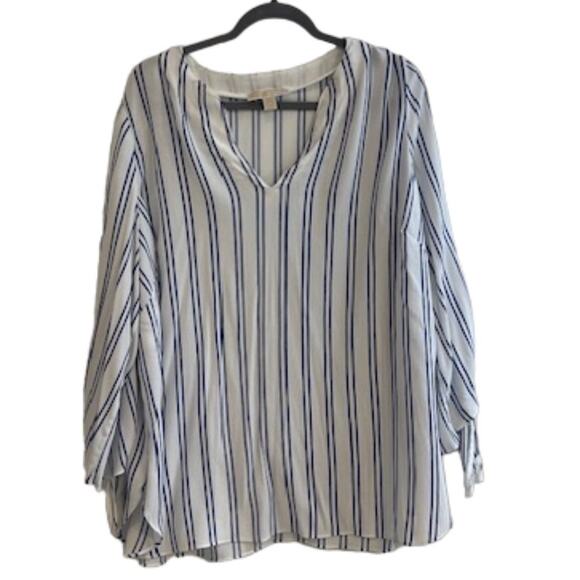 Michael Kors Women’s Striped Blouse Size 2X – Blue & White V-Neck Tie-Sleeve Top - Picture 2 of 6